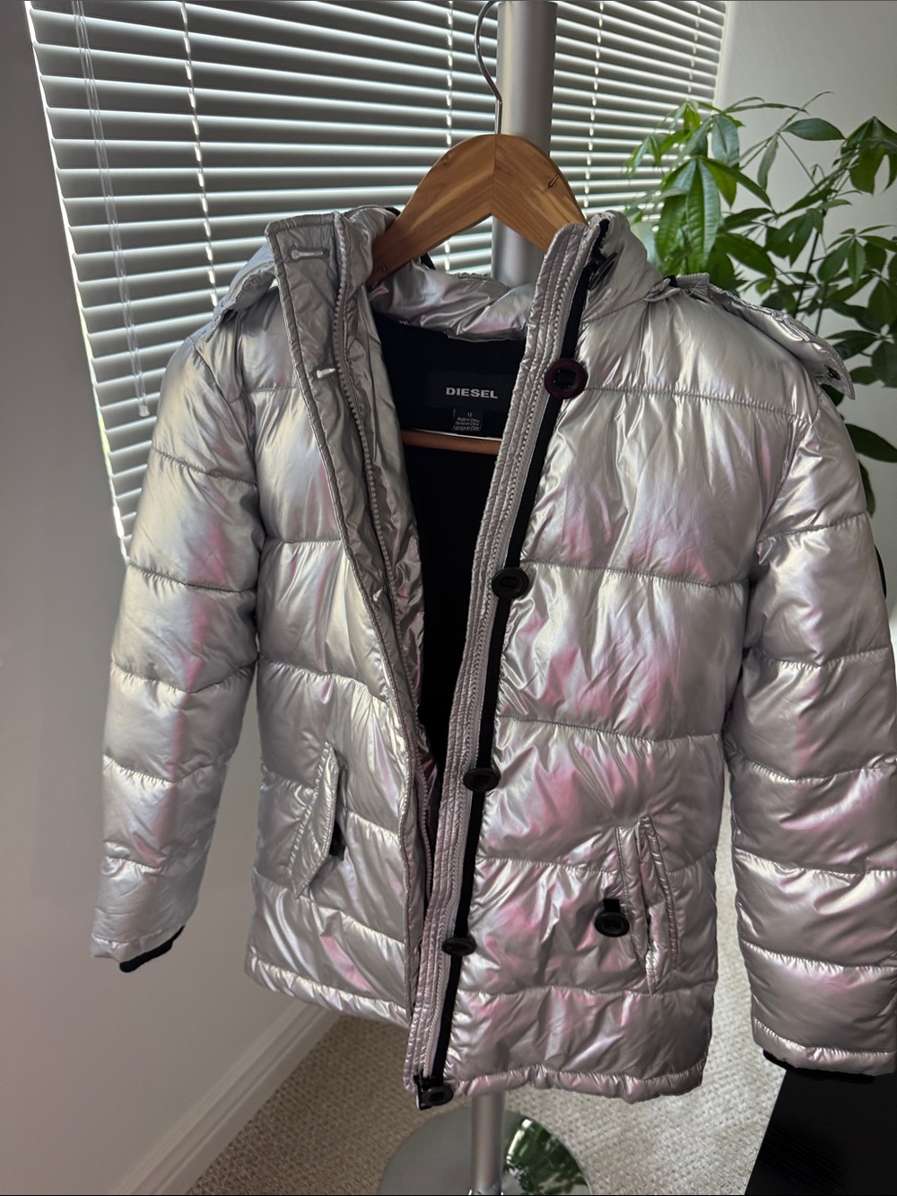 Diesel Metallic Silver Puffer Jacket with Iridescent Pink Sheen